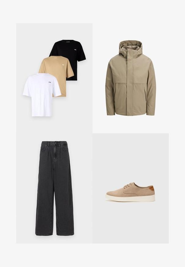 Giacca impermeabile beige con cappuccio, dotata di una zip frontale, grandi tasche con patta e un design minimalista. Texture liscia e taglio moderno.; Tre magliette a manica corta impilate: bianca, beige e nera. Ognuna ha un collo rotondo e un piccolo logo sul lato sinistro del petto. Materiale in cotone.; Pantaloni in denim neri a gamba larga e vita alta con chiusura frontale a bottoni e zip, dotati di tasche laterali e una texture liscia.; Sneaker in suede beige con punta arrotondata, stringhe davanti e un accento testurizzato sul retro. La suola in gomma bianca offre un contrasto. Design semplice e moderno.