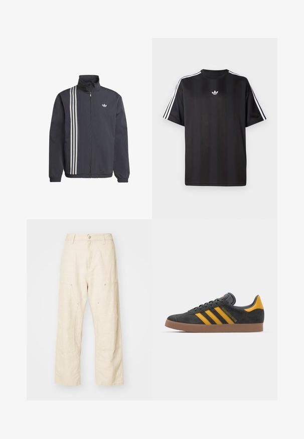 Melna jaka ar rāvējslēdzēju, augstu apkakli, ar trim baltām vertikālām svītrām kreisajā pusē un nelielu logotipu uz krūtīm. Viegls materiāls.; Melns īsām piedurknēm T-krekls ar baltām trīs svītru detaļām uz pleciem un mazu baltu logo uz krūšu apvidus. Gluda auduma tekstūra.; Gaiši beidzētu lina platajā kājās bikses ar priekšējiem kabatām, pogu aizdari un saskatāmām šuvēm, kas pievieno papildus tekstūru.; Melnas zamšādas kedas ar dzelteniem akcentiem, kurām ir trīs svītras un brūna gumijas zole. Iekļauta mīksta valkāšanas tongue komfortam.