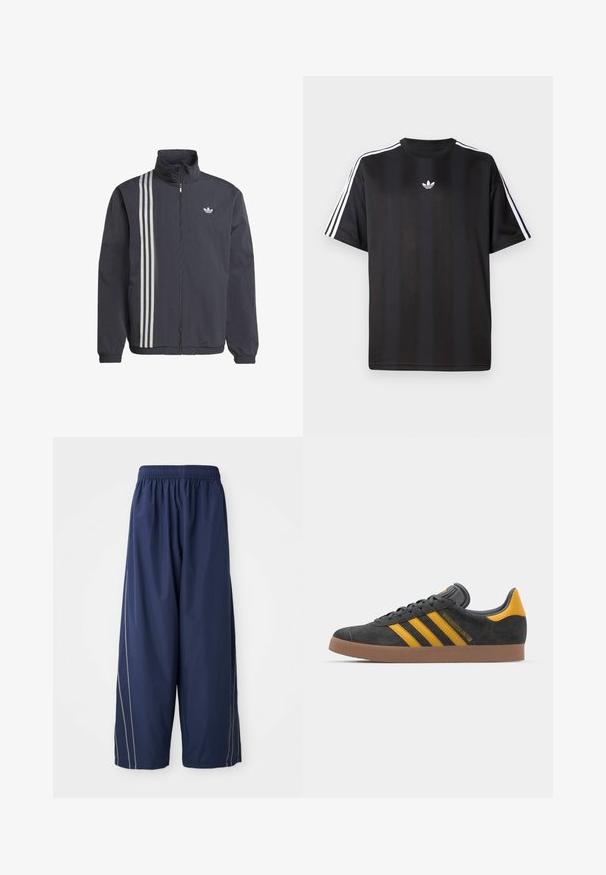 Melna jaka ar rāvējslēdzēju, augstu apkakli, ar trim baltām vertikālām svītrām kreisajā pusē un nelielu logotipu uz krūtīm. Viegls materiāls.; Melns īsām piedurknēm T-krekls ar baltām trīs svītru detaļām uz pleciem un mazu baltu logo uz krūšu apvidus. Gluda auduma tekstūra.; Tums zilas, brīvi pieguļošas bikses ar elastīgu jostu un sānu sloksnēm gaišākā tonī. Izgatavotas no gludas, vieglas auduma.; Melnas zamšādas kedas ar dzelteniem akcentiem, kurām ir trīs svītras un brūna gumijas zole. Iekļauta mīksta valkāšanas tongue komfortam.