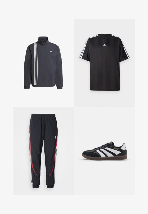 Black zip-up jacket with high collar, featuring three white vertical stripes on the left side and a small logo on the chest. Lightweight material.; Black short-sleeve t-shirt with white three-stripe detailing on shoulders and a small white logo on the chest. Smooth fabric texture.; Black athletic pants with a drawstring waist, featuring red and white stripes along the sides and an Adidas logo on the left leg.; Black and white athletic shoes with suede and synthetic upper, featuring three distinct white stripes, rubber sole, and gold "Predator" text.