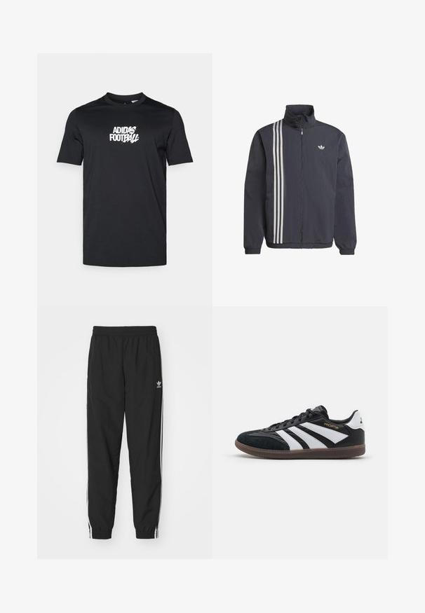 Crna jakna na zip s visokim ovratnikom, koja ima tri bijele vertikalne pruge s lijeve strane i mali logo na prsima. Lagani materijal.; Crna majica od pamuka; okrugli izrez; kratki rukavi; na prednjoj strani ima bijeli Adidas nogometni logotip.; Crne trenirke s elastičnim pojasom i rukavima, sa bijelim bočnim prugama i malim bijelim Adidas logo na lijevom kuku.; Crno-bijele atletske cipele s gornjištem od antilopa i sintetičkog materijala, s tri distinctivne bijele pruge, gumenim đonom i zlatnim natpisom "Predator".