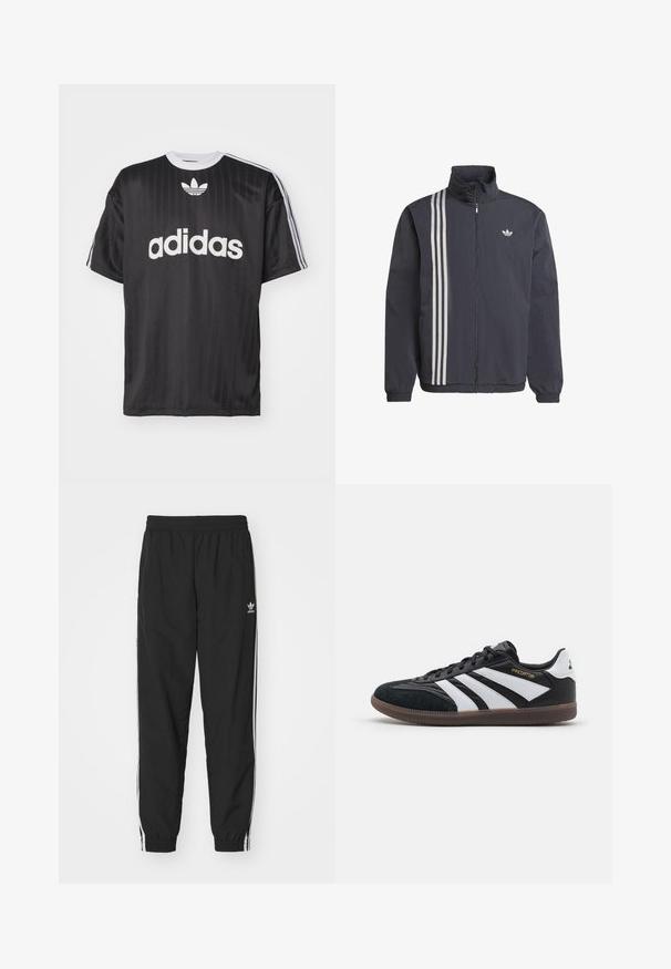 Μαύρο φερμουάρ μπουφάν με ψηλό γιακά, με τρεις λευκές κατακόρυφες ρίγες στη αριστερή πλευρά και ένα μικρό λογότυπο στο στήθος. Ελαφρύ υλικό.; Μαύρη κοντομάνικη μπλούζα με άσπρο λογότυπο "adidas" και τρεις ρίγες σε κάθε ώμο. Κατασκευασμένη από μαλακό, ελαφρύ υλικό με λαιμόκοψη.; Μαύρη φόρμα με ελαστική μέση και μανσέτες, με λευκές ρίγες στο πλάι και ένα μικρό λευκό λογότυπο της Adidas στο αριστερό ισχίο.; Μαύρα και άσπρα αθλητικά παπούτσια με σουέντ και συνθετικό άνω μέρος, featuring τρεις διακριτές λευκές ρίγες, ελαστική σόλα, και χρυσό κείμενο "Predator".