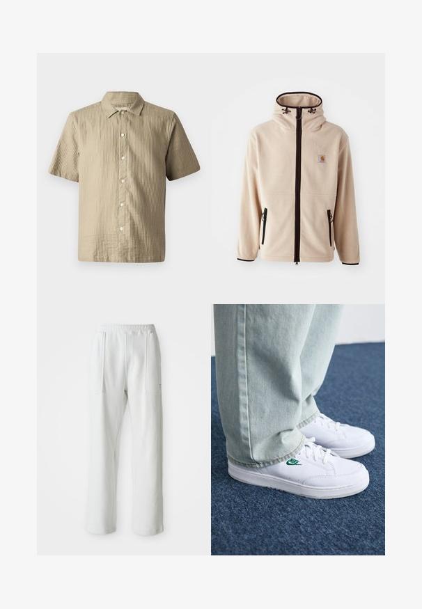 Veste en polaire beige avec un col haut, des fermetures éclair noires et des poches latérales. Présente un patch logo sur la poitrine et des finitions noires contrastées.; Chemise à manches courtes en beige clair, en tissu texturé. Présente une fermeture à boutons sur le devant, un col pointed et six boutons le long de la patte de boutonnage.; Pantalons blancs décontractés avec une taille élastique et de grandes poches avant, présentés sur un fond clair et uni.; Baskets en cuir blanc avec logo Nike vert, bout rond, semelle plate, associées à un pantalon en denim bleu clair, présentées sur un tapis bleu.