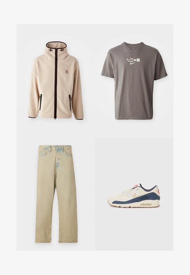 Bežinė fliso striukė su aukštu apykakle, juodais užtrauktukais ir šoninėmis kišenėmis. Puošia logotipo pleistras ant krūtinės ir kontrastingi juodi apvadai.; Ruda trumpo rankovio marškinėliai su šviesiu "Nike" logotipu, atspausdintu priekyje, pasižymintys laisvu, atsipalaidavusiu siluetu.; Bežinės džinsinės kelnės laisvu siluetu, su išblukusiu plovimu ir subtiliais šviesiai mėlynais akcentais juosmens ir kraštų srityse.; Bėgimo bateliai su kreminės odos ir tamsiai mėlyno zomšo viršutine dalimi, turintys matomą oro padą, smėlio spalvos guminiu padu ir raudonu akcentu ant kulno.