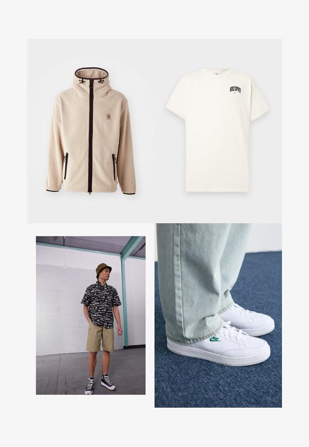 Veste en polaire beige avec un col haut, des fermetures éclair noires et des poches latérales. Présente un patch logo sur la poitrine et des finitions noires contrastées.; T-shirt en coton couleur crème à manches courtes, avec "NIKE SB" en texte noir et rouge sur la poitrine. Col rond standard.; Chemise à manches courtes noir et blanc avec motif de logo, shorts kaki et baskets montantes noires. Chapeau seau beige et cordons visibles.; Baskets en cuir blanc avec logo Nike vert, bout rond, semelle plate, associées à un pantalon en denim bleu clair, présentées sur un tapis bleu.