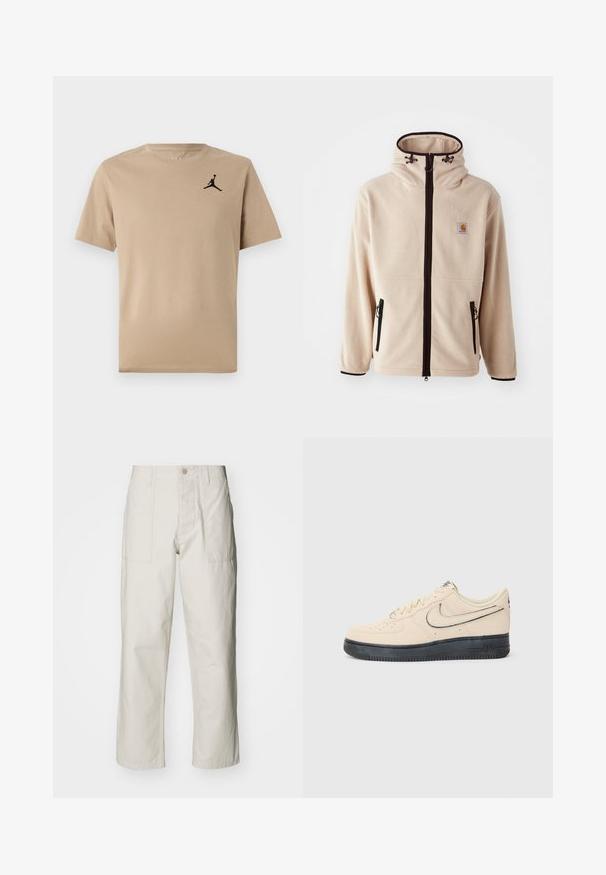 Giacca in fleece beige con colletto alto, zip nere e tasche laterali. Presenta una patch con logo sul petto e bordi neri a contrasto.; T-shirt di cotone beige con maniche corte, caratterizzato da un logo Jumpman nero sul lato sinistro del petto. Collo rotondo semplice e orlo dritto.; Pantaloni a gamba larga beige chiaro in cotone. Presentano tasche frontali e chiusura con bottone. Tessuto liscio con sottili linee verticali.; Sneaker Nike Air Force 1 in suede beige con suola in gomma nera, dettagli cuciti, punta perforata e un logo Swoosh prominente.