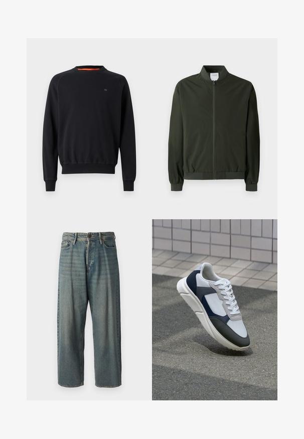 Casaco bomber verde oliva feito de nylon suave, com fecho na frente, punhos canelados e gola redonda. Sem padrões ou acentos visíveis.; Sweatshirt preto de manga longa com decote redondo, com punhos e barra canelados, pequeno logo no peito, exibido sobre um fundo branco liso.; Jeans de ganga azul claro com um corte solto, cintura média e pernas retas. Apresenta cinco bolsos, passadores de cinto e fecho com botão.; Sapatilhas brancas, azuis-marinho e cinzas com um design de materiais mistos, apresentando uma parte superior texturizada, atacadores planos e uma sola acolchoada.