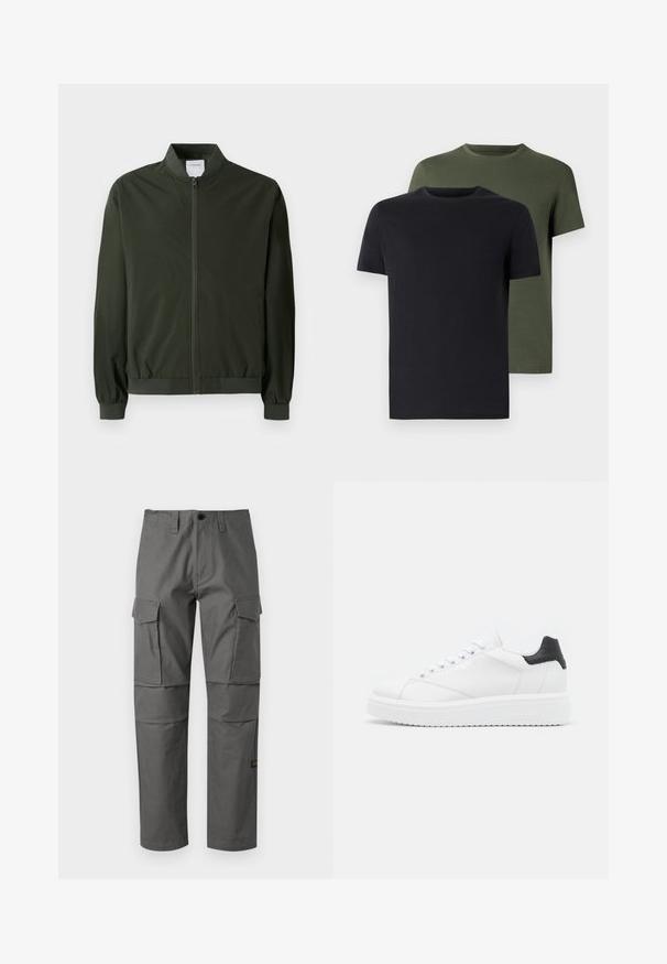 Olive zöld bomberdzseki sima nylonból, elülső cipzárral, bordázott mandzsettákkal és kerek gallérral. Nincsenek látható minták vagy díszítések.; Két crew neck póló fekete és olíva zöld színben, puha pamut anyagból. A design egyszerű, rövid ujjú és egyenes szabású.; Szürke cargo nadrág tartós anyagból, egyenes szárú fazonnal, több oldalsó zsebbel és jól látható varrással.; Fehér bőr sportcipő fekete sarkú, lapos fűzőkkel, texturált középtalppal és logóval a külső oldalon. Mindennapi viseletre tervezve.
