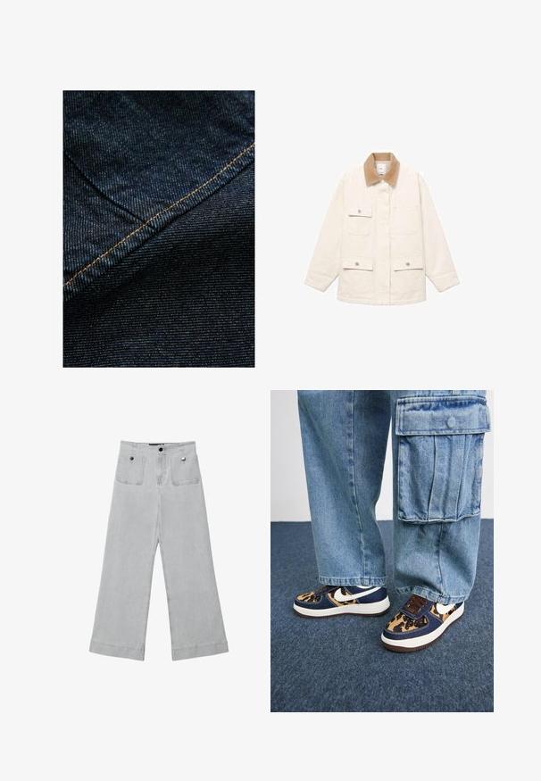 Jakna u boji slonovače s kordura ovratnikom, četiri prednja džepa i zatvaranje na dugmiće. Duge rukave s ravnim krojem.; Tamno plava teksas tkanina s suptilnom vertikalnom teksturom, koja ima narančasti šav duž šava kao akcent.; Hlače širokih nogavica u svijetlo sivoj denimu, s dva prednja džepa, metalnim zatvaranjem i čistim završetkom s obrubljenim rubovima.; Tamno plave tenisice s akcentima u uzorku leoparda, bijeli Nike swoosh, smeđi vezice i bijela srednja potplata. Uparene s svijetloplavim trapericama cargo.