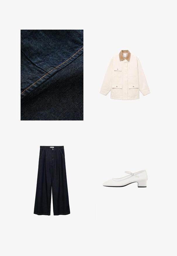 Jakna u boji slonovače s kordura ovratnikom, četiri prednja džepa i zatvaranje na dugmiće. Duge rukave s ravnim krojem.; Tamno plava teksas tkanina s suptilnom vertikalnom teksturom, koja ima narančasti šav duž šava kao akcent.; Tamno plave široke traperice visokog struka, koje imaju prednje kopčanje na dugme, dva bočna džepa i detalje šivanja.; Bijela cipelica Mary Jane od patentirane kože s zaobljenim prstom, srednje visokim debelim potplatom i podesivim remenom s srebrnom kopčom.