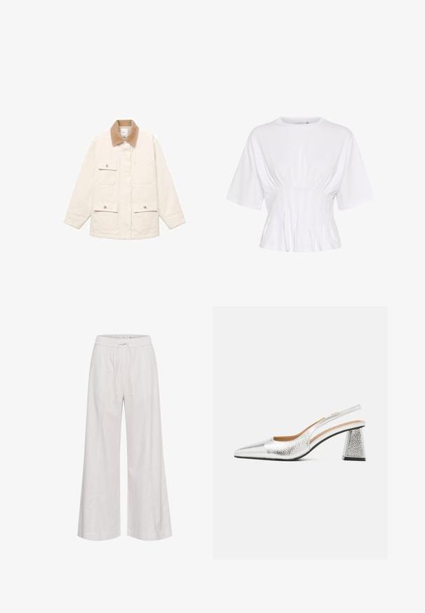 Jakna u boji slonovače s kordura ovratnikom, četiri prednja džepa i zatvaranje na dugmiće. Duge rukave s ravnim krojem.; Bijela bluzica s kratkim rukavima, izrađena od mekane tkanine, s okruglim izrezom i naboranim detaljima na struku za prilagođen izgled.; Hlače širokog kroja od mekog bijelog materijala, s elastičnim pojasom i vezicom, glatke teksture i bez dodatnih ukrasa.; Srebrni slingback cipelama s šiljatim prstima, teksturalnim metalik završetkom i trokutastom blok petom. Unutrašnjost sadrži smeđe kožne detalje.