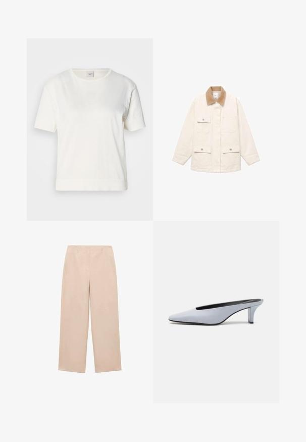 Svetlo krémová bunda s kordovým golierom, štyrmi prednými vreckami a zatváraním na cvoky. Dlhé rukávy s rovnomerným strihom.; Biela bavlnená tričko s krátkymi rukávmi, okrúhlym výstrihom a jemne voľným strihom. Tkanina má hladký, jemný povrch.; Béžové široké nohavice vyrobené z hladkej tkaniny, s plochým predným dielom a pútkami na opasok, bez viditeľných vzorov alebo zdobení.; Svetlomodrá lakovaná mule s špicatou špičkou, nízkym priehľadným opätkom a elegantným dizajnom s vykrojením na prednej časti.