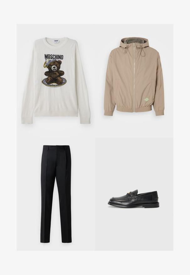 Heledad kerged beezž jakker, mis on valmistatud siledast kangast, ees lukuga, elastse äärega ja rohelise logo aktsendiga alumisel paremal küljel.; Valge kootud soe sviiter, millel on karu graafika mütsi ja taldrikuga, musta ja pruuni detailidega ning soonikkäised ja -alused. Näha on Moschino silt.; Mustad mustad formal püksid sileda kanga, sirge jala disainiga, ees volditud ning tavalise vöökoha ilma kaunistusteta.; Mustad mustad nahast loafersid esitlevad ümarat varvast, keerduvaid õmblusi ja väikest kuldset detailet ees. Tallad on lamedad ja diskreetsed.