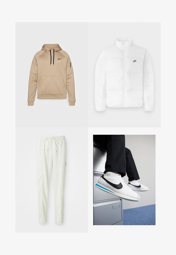 Fehér puffertakaró magas gallérral, cipzáros záródással és fekete Nike logóval a bal mellrészen. Sima textúrájú, steppelt kialakítású és párnázott.; Nike Performance Kapucnis pulóver - khaki/black; Fehér, slim fit szabású sportnadrág, elasztikus derékkal és húzózsinórral, oldalsó varrás részletekkel és egy kis fekete folttal a jobb lábon.; Fehér bőr sportcipő fekete Nike logóval, világoskék és szürke gumitalppal, valamint klasszikus fűzős kialakítással. A lábak egy iratmegőrző szekrényen pihennek.