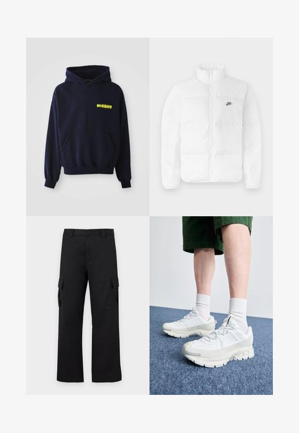 Giacca a vento bianca con colletto alto, chiusura con zip e logo Nike nero sul lato sinistro del petto. Tessuto liscio, design trapuntato e imbottita.; Felpa blu navy con tasca frontale e logo giallo "MISBHV" sul lato sinistro del petto, mostrata su sfondo bianco.; Pantaloni cargo neri con design a gamba dritta. Realizzati in tessuto resistente, dotati di due tasche laterali con chiusura a pattina e chiusura con bottone.; Scarpe da ginnastica bianche con sovrapposizioni testurizzate, suola spessa e accenti grigi. Indossate con calze corte bianche e pantaloni corti verdi su una superficie blu.