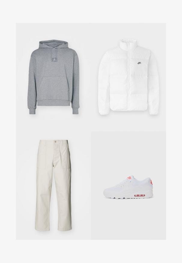 White puffer jacket with a high collar, zip closure, and black Nike logo on the left chest. Smooth texture, quilted design, and padded.; Gray hoodie made of soft cotton blend. Features a front kangaroo pocket, adjustable drawstring hood, and a small logo patch on chest.; Light beige wide-leg pants made of cotton. Features front pockets and a button closure. Smooth texture with subtle vertical lines.; White athletic sneaker featuring a smooth upper, lace closure, cushioned sole, and a visible air unit with red accents on the branding.