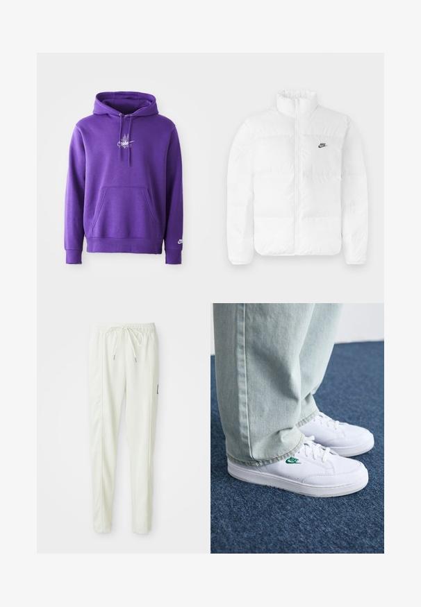 White puffer jacket with a high collar, zip closure, and black Nike logo on the left chest. Smooth texture, quilted design, and padded.; Purple hoodie made of soft material, featuring a front pocket, drawstring hood, and a white logo on the chest. Smooth texture.; White slim-fit jogger pants with elastic waistband and drawstring, featuring side seam detailing and a small black patch on the right leg.; White leather sneakers with green Nike logo, round toe, flat sole, paired with light blue denim pants, shown on a blue carpet.