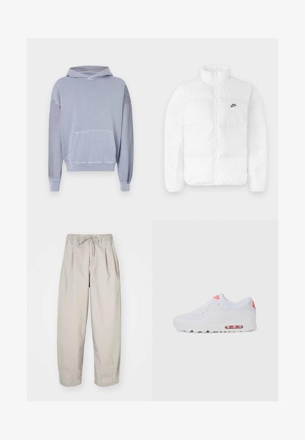 Bílá péřová bunda s vysokým límcem, zipovým uzávěrem a černým logem Nike na levé hrudi. Hladká textura, prošívaný design a polstrovaná.; Světle modrá mikina s kapucí a přední kapsou, se stahovací šňůrkou a pružnými manžetami. Vyrobeno z měkké, texturované tkaniny s volným střihem.; Béžové, lehké kalhoty s elastickým pasem a šňůrkou na stažení. Mají sklady a volný střih, vyrobené z měkké, hladké látky.; Bílé sportovní tenisky s hladkým svrškem, šněrováním, polstrovanou podrážkou a viditelnou vzduchovou jednotkou s červenými akcenty na značce.