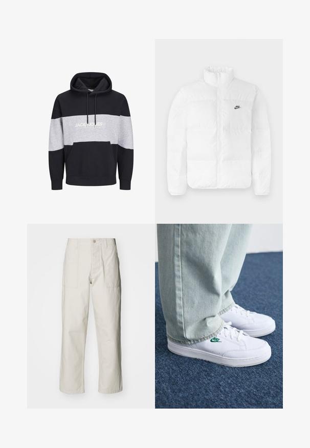 Veste en duvet blanche avec un col haut, fermeture zippée et logo Nike noir sur la poitrine gauche. Texture lisse, design matelassé et rembourrée.; Hoodie color block bleu marine et gris en coton, doté d'une poche kangourou et d'un imprimé logo sur la poitrine. Texture douce et poignets côtelés.; Pantalons larges beige clair en coton. Dotés de poches avant et d'une fermeture à bouton. Texture lisse avec de légères lignes verticales.; Baskets en cuir blanc avec logo Nike vert, bout rond, semelle plate, associées à un pantalon en denim bleu clair, présentées sur un tapis bleu.