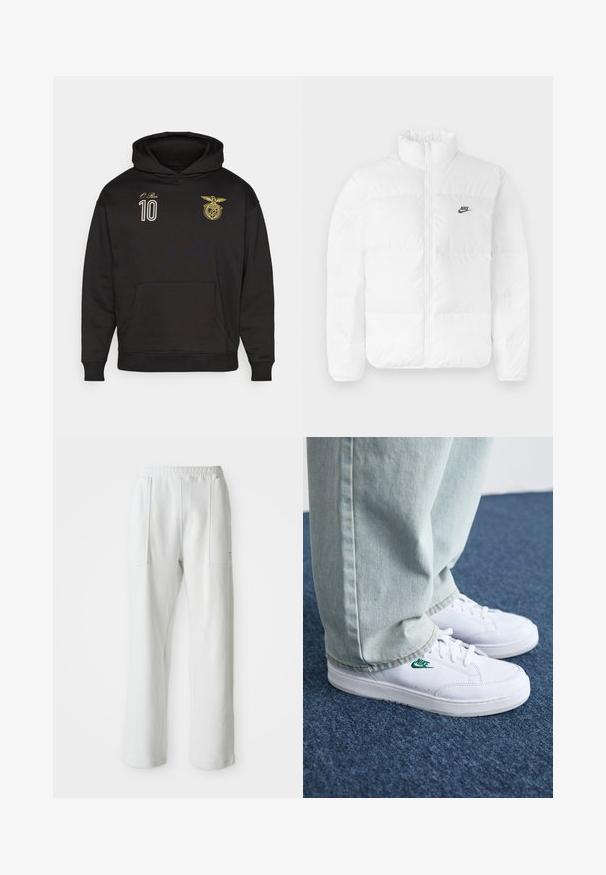 Bela puhvasta jakna z visokim ovratnikom, zadrgo in črnim logotipom Nike na levem prsnem delu. Gladka tekstura, prešito oblikovanje in oblazinjena.; Črna kapuca iz bombaža z sprednjim žepom, ki ima zlato vezenino grba in številko "10" na prsih.; Bele udobne hlače z elastiko v pasu in velikima sprednjima žepoma, prikazane na enostavni svetli podlagi.; Bela usnjena športna obutev z zelenim Nike logotipom, okrogla konica, ravna podplat, v kombinaciji z svetlo modrimi kavbojkami, prikazana na modrem preprogu.