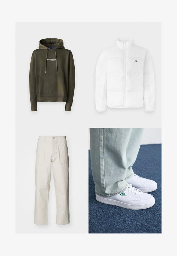 Valge puhvjakas kõrge kraega, lukuga sulgemine ja must Nike logo vasakul rinnal. Üksikasjalik tekstuur, tepitud disain ja polsterdatud.; Jack & Jones JORVESTERBRO - Pusa - khaki; Heledbeez värvi laiad püksid, mis on valmistatud puuvillast. Omavad esi-taskuid ja nupuga sulgemist. Sile tekstuur, millel on õrnad vertikaalsed jooned.; Valged nahast tennisetossud rohelise Nike logo ja ümarate varvastega, lamedate taldadega, koos helesiniste teksapükstega, esitatud sinisel vaibal.