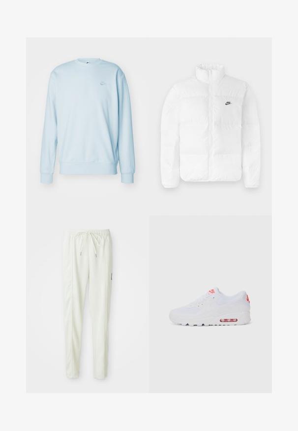 Biela nafukovacia bunda s vysokým golierom, zipsovým zapínaním a čiernym logom Nike na ľavej hrudi. Hladká textúra, prešívaný dizajn a polstrovaná.; Nike Sportswear CLUB - Mikina - glacier blue/white; Biele slim-fit teplákové nohavice s elastickým pásom a šnúrkou, s bočnými švovými detailmi a malou čiernou nášivkou na pravej nohe.; Biele športové tenisky s hladkým zvrškom, šnurovaním, polstrovanou podrážkou a viditeľnou vzduchovou jednotkou s červenými akcentmi na značení.