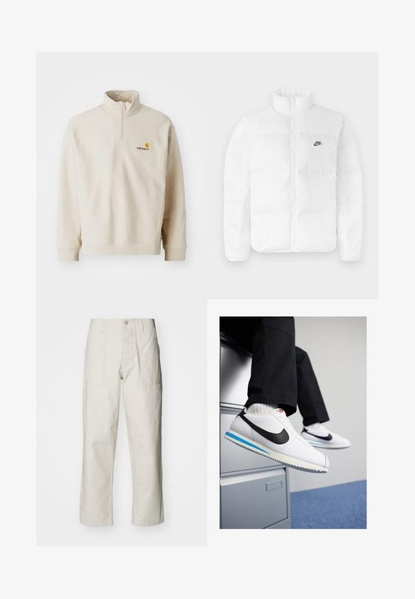 Valkoinen puffatakki, jossa on korkea kaulus, vetoketjusuljenta ja musta Nike-logo vasemmassa rinnassa. Sileä pinta, tikattu muotoilu ja pehmustettu.; Beige fleece-pusero, jossa on neljännesvetoketju, korkea kaulus ja Carhartt-logo brodeerattu keltaisella ja ruskealla vasemmassa rinnassa.; Harmaat vaaleat leveät housut, jotka on valmistettu puuvillasta. Varustettu etutaskuilla ja nappikiinnityksellä. Sujuva rakenne, jossa on hienovaraisia pystysuoria viivoja.; Valkoiset nahkakengät, joissa on musta Nike-logomerkki, vaaleansininen ja harmaa kumipohja sekä klassinen nauhakiinnitys. Jalat lepäävät asiakirjakaapilla.