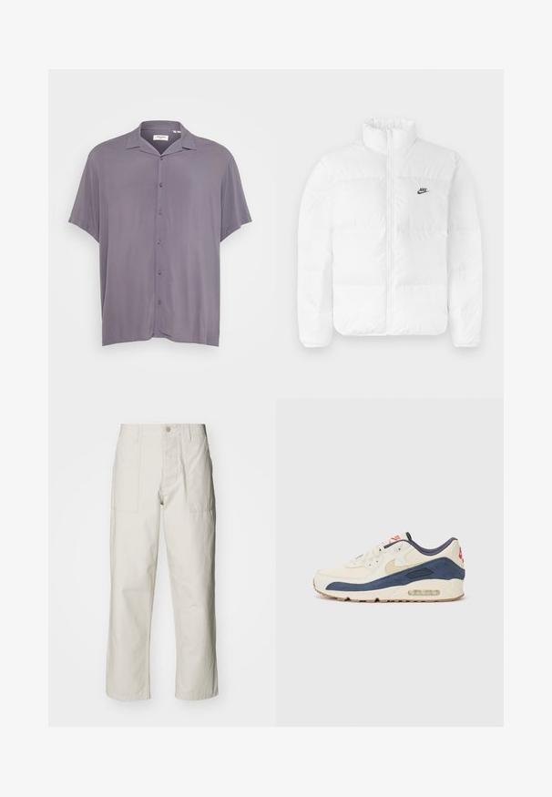 Hvit pufferjakke med høy krage, glidelås og svart Nike-logo på venstre bryst. Glatt tekstur, quiltet design og polstret.; Kortermet skjorte med knapper i lys grått stoff. Har klassisk krage, avslappet passform, og glatt tekstur uten mønstre eller detaljer.; Lyse beige vide bukser laget av bomull. Har frontlommer og knappelukking. Jevn tekstur med subtile vertikale linjer.; Sko med overdel i kremfarget lær og marineblå semsket skinn, med synlig luftsåle, beige gummisåle og rød detalj på hælen.