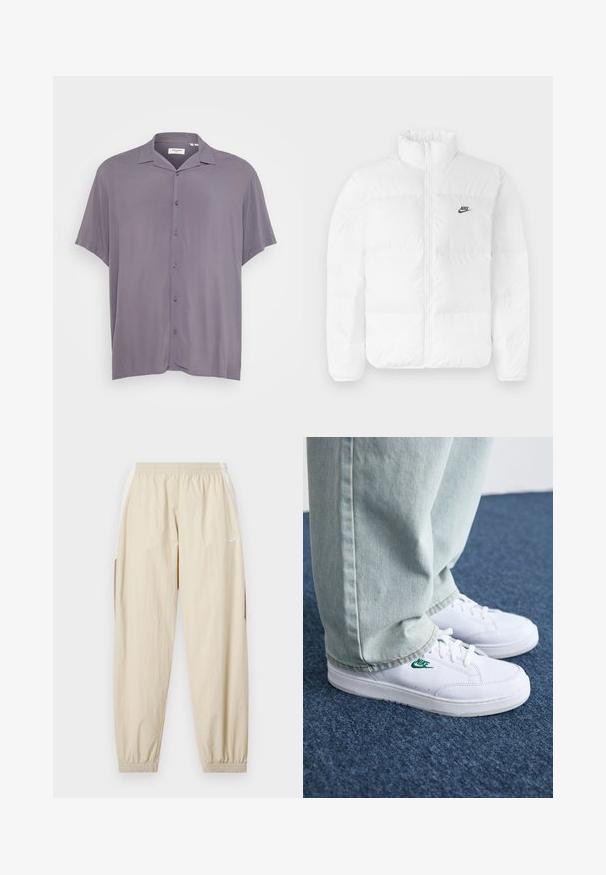 Giacca a vento bianca con colletto alto, chiusura con zip e logo Nike nero sul lato sinistro del petto. Tessuto liscio, design trapuntato e imbottita.; Camicia a maniche corte, con bottoni, in tessuto grigio chiaro. Presenta un colletto classico, una vestibilità comoda e una texture liscia senza fantasie o dettagli.; Joggers leggeri beige con cintura elastica, caviglie regolabili, tasche laterali e logo Nike sottile in bianco sulla coscia sinistra.; Sneakers in pelle bianca con logo Nike verde, punta rotonda, suola piatta, abbinati a pantaloni in denim azzurro, mostrati su un tappeto blu.