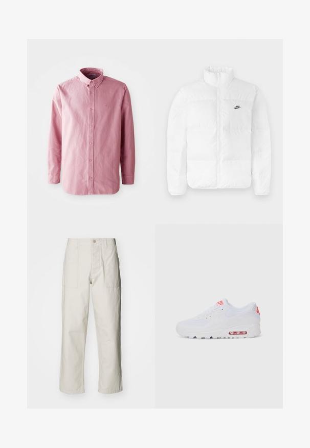 Balta pūkinė striukė su aukštu apykakle, užtrauktuku ir juodu Nike logo kairėje krūtinėje. Lygi tekstūra, kvadratų dizainas ir paminkštinta.; Ilga rankovė, mygtukinė marškiniai šviesiai rožinės spalvos audiniu. Yra klasikinis apykaklės dizainas, šeši mygtukai priekyje ir subtilus logotipas ant krūtinės.; Šviesiai pilki plačius kelnes, pagamintas iš medvilnės. Yra priekinės kišenės ir mygtuko uždarymas. Lygus paviršius su subtiliomis vertikaliomis linijomis.; Baltos sportinės sneaker'iai, turintys lygų paviršių, raištelių uždarymą, paminkštintą padą ir matomą oro vienetą su raudonomis akcentais ant prekės ženklo.