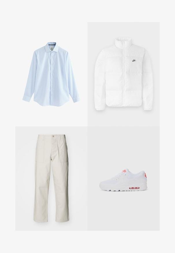 Chaqueta de plumas blanca con un cuello alto, cierre de cremallera y logo negro de Nike en el lado izquierdo del pecho. Textura suave, diseño acolchado y con relleno.; Camisa de manga larga a cuadros azules con cuello button-down, hecha de un tejido ligero, con botones blancos y dobladillo curvo.; Pantalones de pierna ancha color beige claro, hechos de algodón. Cuentan con bolsillos frontales y cierre de botón. Textura suave con sutiles líneas verticales.; Zapatilla deportiva blanca con una parte superior lisa, cierre de cordones, suela acolchada y una unidad de aire visible con acentos rojos en la marca.