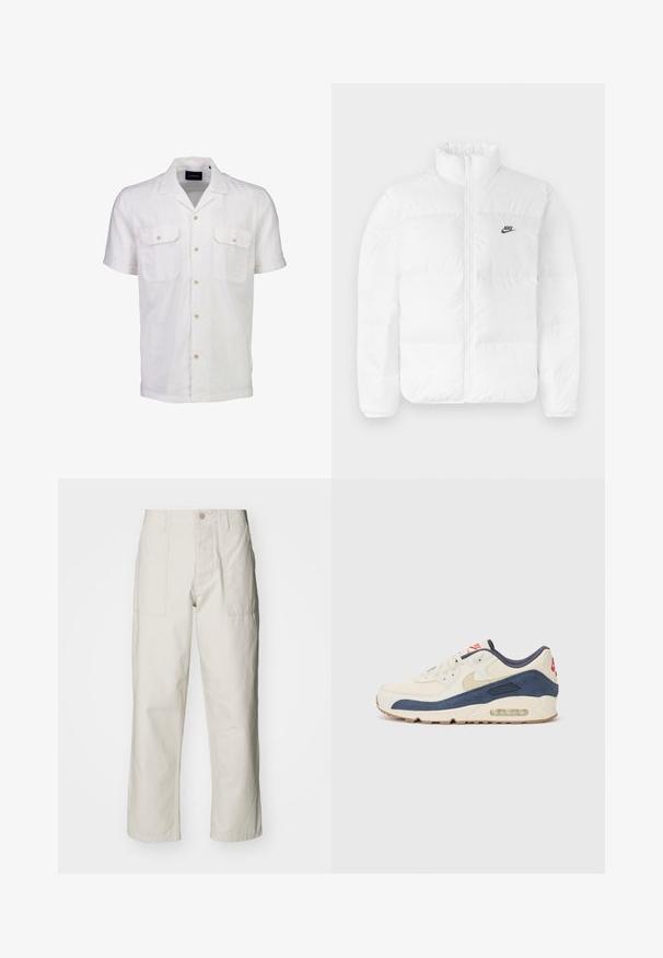 Witte pufferjas met een hoge kraag, ritssluiting en zwart Nike-logo op de linkerborst. Glad textuur, gewatteerd ontwerp en gevoerd.; Korte mouwen witte linnen blouse met een kraag, twee borstzakken en knoopsluitingen met lichtgekleurde knopen.; Lichtbeige wijde broek van katoen. Voorzien van steekzakken en een knoopsluiting. Glad textuur met subtiele verticale lijnen.; Sneakers met een crème leren en marineblauwe suède bovenkant, voorzien van een zichtbare luchtzool, beige rubberen buitenzool en een rode accent op de hiel.