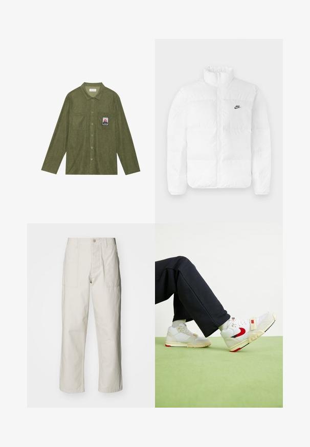 Weiße Puffjacke mit hohem Kragen, Reißverschluss und schwarzem Nike-Logo auf der linken Brust. Glatte Textur, gestepptes Design und gepolstert.; Olivgrünes Cordhemd mit langen Ärmeln, Knopfverschluss, zwei Brusttaschen und einem Berggrafik-Patch auf der linken Tasche.; Helle beige weit geschnittene Hose aus Baumwolle. Verfügt über Fronttaschen und einen Knopfverschluss. Glatte Textur mit dezenten vertikalen Streifen.; Weiße und cremfarbene Sneakers mit rotem Akzent, ausgestattet mit Mesh- und Wildledermaterialien, strukturierten Details und einem Riemen über der Vorderseite.