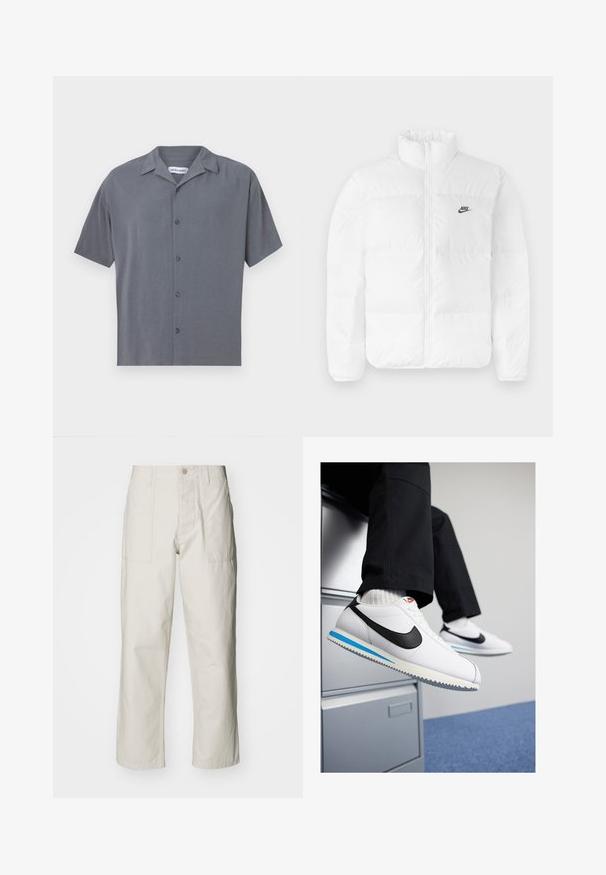 Biela nafukovacia bunda s vysokým golierom, zipsovým zapínaním a čiernym logom Nike na ľavej hrudi. Hladká textúra, prešívaný dizajn a polstrovaná.; Krátky rozhalený rukáv, košeľa v tmavosivej farbe, vyrobená z hladkej látky. Obsahuje rozšírený golier a šesť predných gombíkov. Minimalistický dizajn.; Svetlosivé široké nohavice vyrobené z bavlny. Majú predné vrecká a zapínanie na gombík. Hladká textúra so subtílnymi vertikálnymi pruhmi.; Biele kožené tenisky s čiernym logom Nike, svetlomodrou a šedou gumovou podrážkou a klasickým šnurovacím dizajnom. Nohy položené na fileciante.
