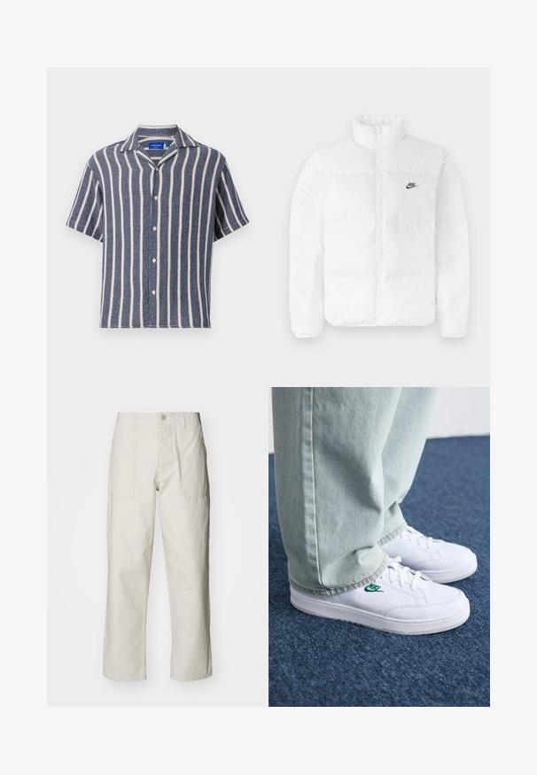 White puffer jacket with a high collar, zip closure, and black Nike logo on the left chest. Smooth texture, quilted design, and padded.; Short-sleeve shirt in navy blue with white vertical stripes. Made of textured fabric, featuring a revere collar and button front.; Light beige wide-leg pants made of cotton. Features front pockets and a button closure. Smooth texture with subtle vertical lines.; White leather sneakers with green Nike logo, round toe, flat sole, paired with light blue denim pants, shown on a blue carpet.