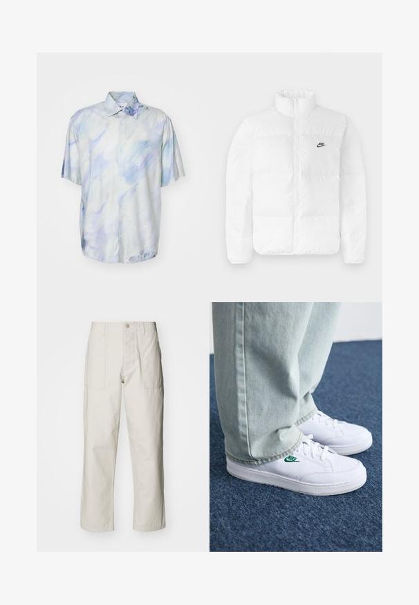 Balta pūkinė striukė su aukštu apykakle, užtrauktuku ir juodu Nike logo kairėje krūtinėje. Lygi tekstūra, kvadratų dizainas ir paminkštinta.; Mėlynos ir baltos spalvų trumpomis rankovėmis marškiniai su abstrakčiu akvarelės raštu; pagaminti iš minkštos medžiagos; laisvas siluetas ir apykaklės detalė.; Šviesiai pilki plačius kelnes, pagamintas iš medvilnės. Yra priekinės kišenės ir mygtuko uždarymas. Lygus paviršius su subtiliomis vertikaliomis linijomis.; Balti odiniai sportbačiai su žaliu Nike logotipu, apvalia nosimi, plokščiu padu, derinami su šviesiai mėlynomis džinsinėmis kelnėmis, rodomi ant mėlynos kiliminės dangos.