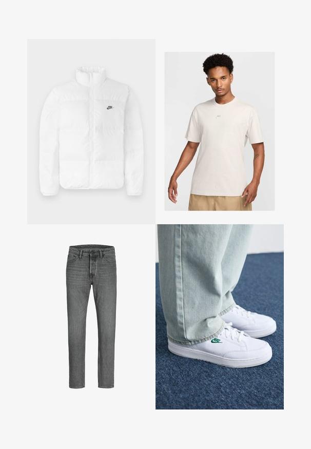 Fehér puffertakaró magas gallérral, cipzáros záródással és fekete Nike logóval a bal mellrészen. Sima textúrájú, steppelt kialakítású és párnázott.; Rövid göndör hajú férfi bézs Nike pólót és khaki sortot visel, előre néz egy sima világos háttér előtt.; Szürke farmernadrág egyenes szabással, öt zsebbel és fémgombos záródással. Jól használt textúra és finom kifakult részletek.; Fehér bőr sportcipők zöld Nike logóval, kerek orral, lapos talppal, világoskék farmernadrággal párosítva, kék szőnyegen bemutatva.