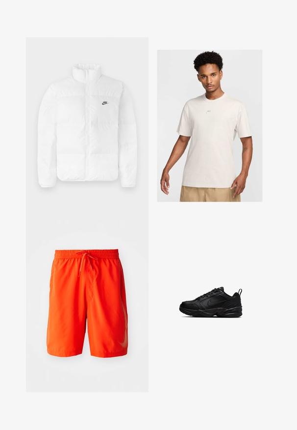 Witte pufferjas met een hoge kraag, ritssluiting en zwart Nike-logo op de linkerborst. Glad textuur, gewatteerd ontwerp en gevoerd.; Man met kort krullend haar draagt een beige Nike t-shirt en kaki shorts, kijkt recht vooruit tegen een eenvoudige lichte achtergrond.; Heldere oranje zwemshorts van lichtgewicht stof, met een elastische tailleband met trekkoord en zijzakken.; Nike Performance AIR MONARCH IV WIDE - Sneakers laag - black