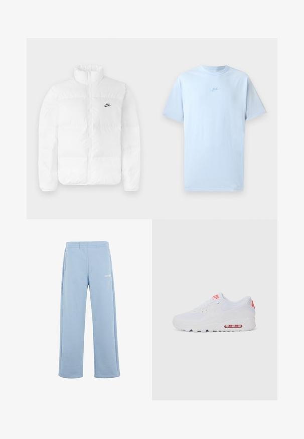Bílá péřová bunda s vysokým límcem, zipovým uzávěrem a černým logem Nike na levé hrudi. Hladká textura, prošívaný design a polstrovaná.; Světle modré bavlněné tričko s krátkým rukávem, klasickým výstřihem a vyšitým logem Nike v mírně tmavší modré barvě na hrudi.; Světle modré tepláky vyrobené z bavlněné směsi, s elastickým pasem, bočními kapsami a bílým logem na levém stehně.; Bílé sportovní tenisky s hladkým svrškem, šněrováním, polstrovanou podrážkou a viditelnou vzduchovou jednotkou s červenými akcenty na značce.