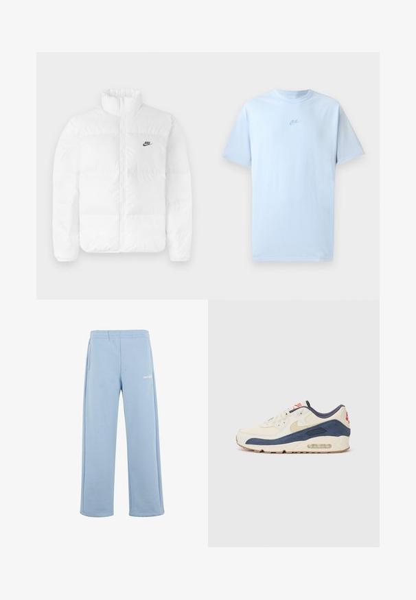 Vit puffjacka med hög krage, dragkedjestängning och svart Nike-logga på vänster bröst. Slät textur, kviltad design och vadderad.; Himlen blå t-shirt i bomull med korta ärmar, rundad halsringning och ett broderat Nike-logotyp i en något mörkare blå på bröstet.; Ljust blå mjukisbyxor gjorda av bomullsblandning, med elastisk midja, sidofickor och en vit logotyp på vänster lår.; Sneakers med ovandel i krämfärgad läder och marinblå mocka, featuring en synlig luftsål, beige gummisula och röd accent på hälen.