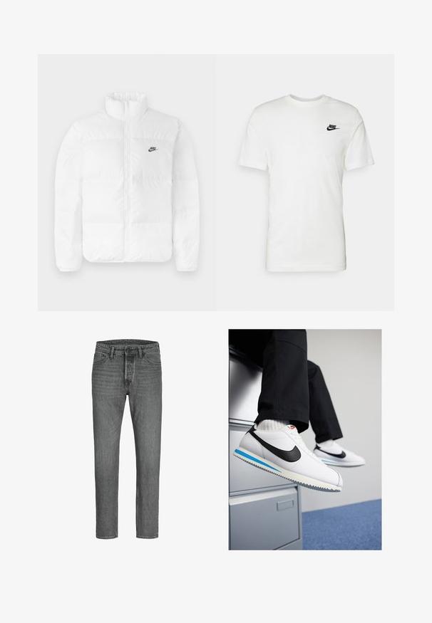 Weiße Puffjacke mit hohem Kragen, Reißverschluss und schwarzem Nike-Logo auf der linken Brust. Glatte Textur, gestepptes Design und gepolstert.; Weißes Baumwoll-T-Shirt mit kurzen Ärmeln, rundem Halsausschnitt und einem schwarzen Nike-Logo auf der linken Brust. Glatte Textur und klassische Passform.; Graue Jeans aus Denim mit gerader Schnittführung, Fünf-Taschen-Design und Metallknopfverschluss. Gut abgetragene Textur und dezente Ausbleichungen im gesamten Stoff.; Weisse Ledersneaker mit schwarzem Nike-Swoosh, hellblauem und grauem Gummisohle sowie klassischem Schnürdesign. Füße ruhen auf einem Aktenschrank.