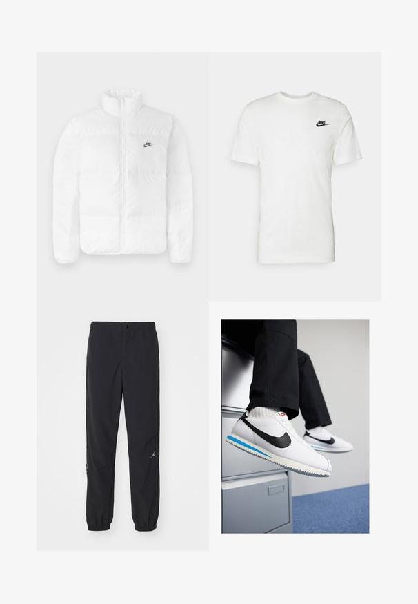 Bela puhvasta jakna z visokim ovratnikom, zadrgo in črnim logotipom Nike na levem prsnem delu. Gladka tekstura, prešito oblikovanje in oblazinjena.; Bela bomba majica iz bombaža s kratkimi rokavi, okroglim ovratnikom in črnim logotipom Nike na levem prsnem delu. Gladka tekstura in klasičen kroj.; Črne trenirke iz lahkega blaga, z elastičnim pasom, zoženimi manšetami in majhnim logotipom na levi nogi.; Bele usnjene teniske z črnim Nikeovim simbolom, svetlo modrim in sivo gumijastim podplatom ter klasičnim vezalnim dizajnom. Noge so poležane na omarici za dokumente.