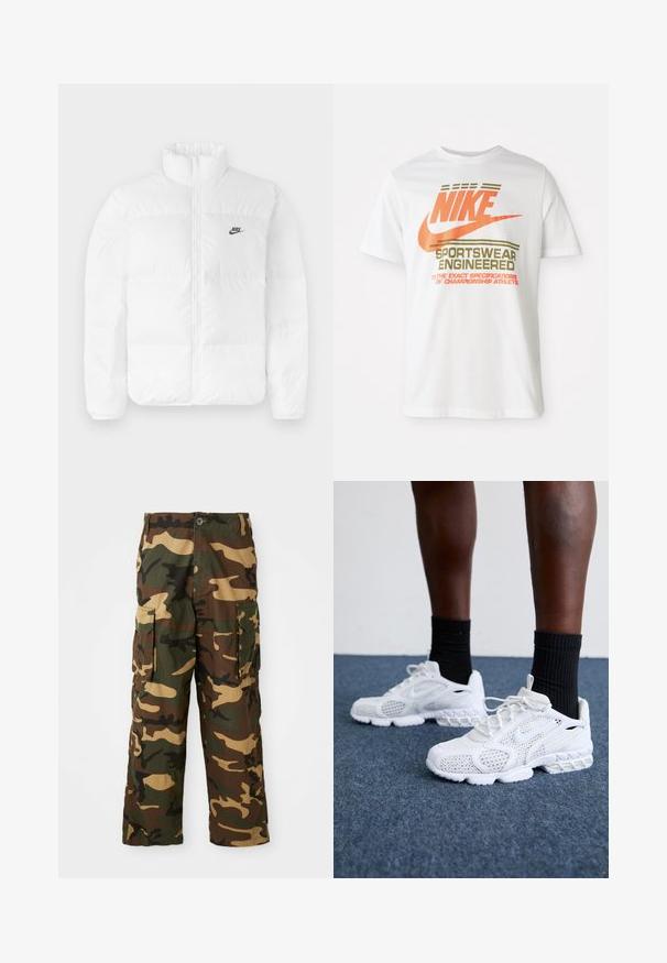 Balta pūkinė striukė su aukštu apykakle, užtrauktuku ir juodu Nike logo kairėje krūtinėje. Lygi tekstūra, kvadratų dizainas ir paminkštinta.; Balta medvilninė marškinė su dideliu oranžiniu "NIKE" logotipu ir žaliais užrašais, kuriais parašyta "SPORTSWEAR ENGINEERED" bei papildomomis specifikacijomis.; Žalios, rudos ir nude spalvų kamufliažinės krovinių kelnės. Yra dvi didelės šoninės kišenės ir mygtukų užtrauktukas. Pagamintos iš tekstūruotos medžiagos.; Baltos sportiniai bateliai su tinkline viršutine dalimi, tekstūruotais akcentais ir paminkštintu padu. Puikiai derančios su juodomis klasikinių kojinių iki kulkšnies ant mėlynos kiliminės dangos.