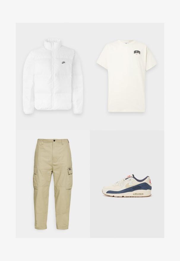 Biela nafukovacia bunda s vysokým golierom, zipsovým zapínaním a čiernym logom Nike na ľavej hrudi. Hladká textúra, prešívaný dizajn a polstrovaná.; Krémová bavlnená tričko s krátkymi rukávmi, s nápisom "NIKE SB" v čiernej a červenej farbe na hrudi. Štandardný okrúhly výstrih.; Béžové cargo nohavice vyrobené z odolného materiálu, s dvoma bočnými vreckami, zapínaním na gombík a užšími nohavicami s hladkou textúrou.; Tenisky s krémovým koženým a námorníckym semišovým zvrškom, ktoré majú viditeľnú vzduchovú podrážku, béžovú gumovú podrážku a červený akcent na päte.