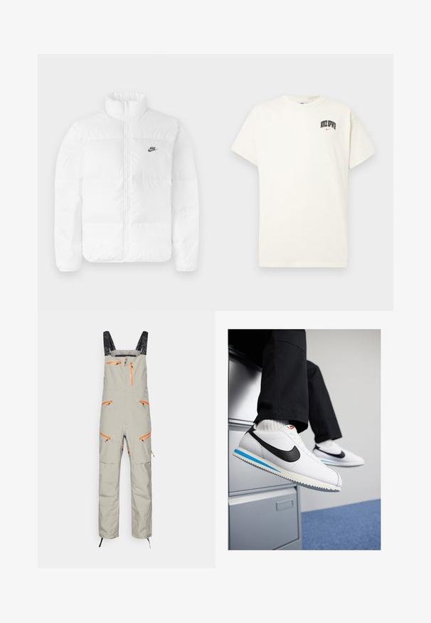 Balta pūkinė striukė su aukštu apykakle, užtrauktuku ir juodu Nike logo kairėje krūtinėje. Lygi tekstūra, kvadratų dizainas ir paminkštinta.; Kremo spalvos medvilninis marškinėlis trumpomis rankovėmis, su "NIKE SB" juodu ir raudonu tekstu ant krūtinės. Standartinė apvali iškirptė.; Bežinės kombinezono kelnės su reguliuojamomis juodomis diržais, keliomis oranžinėmis užtrauktukų kišenėmis ir tekstūruotu audiniu patvarumui. Pasižymi kulkšnies užsegimais.; Baltos odinės sportbačiai su juodu Nike logotipu, šviesiai mėlyna ir pilka guma padais bei klasikiniu raištelių dizainu. Kojos remiasi į dokumentų spintą.