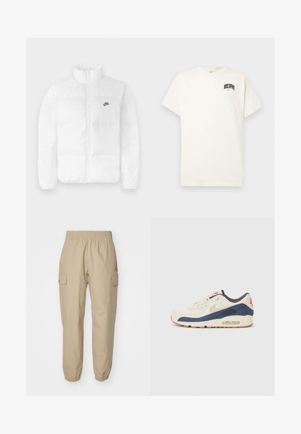 Hvid pufferjakke med høj krave, lynlås, og sort Nike-logo på venstre bryst. Glat tekstur, quiltet design og polstret.; Cremefarvet bomulds t-shirt med korte ærmer, der har "NIKE SB" i sort og rød tekst på brystet. Standard rund halsudskæring.; Beige cargo bukser med elastisk talje, tætsiddende ben og sidelommer. Glat stof med en let struktureret tekstur.; Sneakers med en overdel i cremefarvet læder og marineblå ruskind, med en synlig luftsål, beige gummisål og røde detaljer på hælen.
