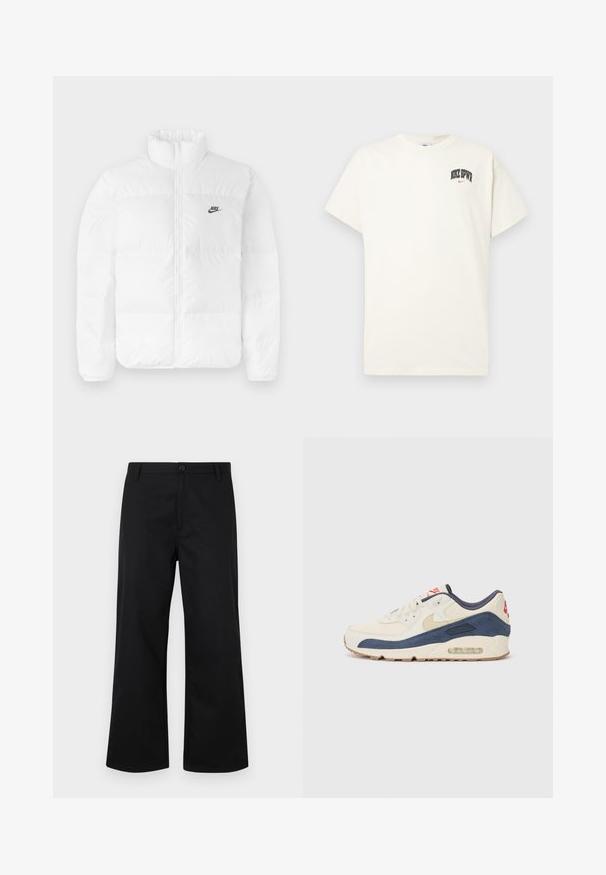 White puffer jacket with a high collar, zip closure, and black Nike logo on the left chest. Smooth texture, quilted design, and padded.; Cream-colored cotton t-shirt with short sleeves, featuring "NIKE SB" in black and red text on the chest. Standard round neckline.; Black, wide-leg trousers made from smooth fabric. Features a button front closure and standard waistband. Minimalist design, no visible patterns.; Sneakers with a cream leather and navy suede upper, featuring a visible air sole, beige rubber outsole, and red accent on the heel.