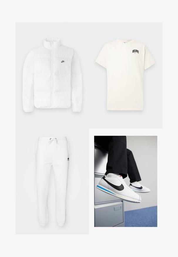 Valkoinen puffatakki, jossa on korkea kaulus, vetoketjusuljenta ja musta Nike-logo vasemmassa rinnassa. Sileä pinta, tikattu muotoilu ja pehmustettu.; Kermanvärinen puuvillapaita lyhyillä hihoilla, jossa rintakehässä on musta- ja punateksti "NIKE SB". Standardi pyöreä kaula-aukko.; Valkoiset verkkarit, jotka on valmistettu puuvillasekoitteesta. Niissä on joustava vyötärö naruilla, sivutaskut sekä resorit, joissa on logo.; Valkoiset nahkakengät, joissa on musta Nike-logomerkki, vaaleansininen ja harmaa kumipohja sekä klassinen nauhakiinnitys. Jalat lepäävät asiakirjakaapilla.