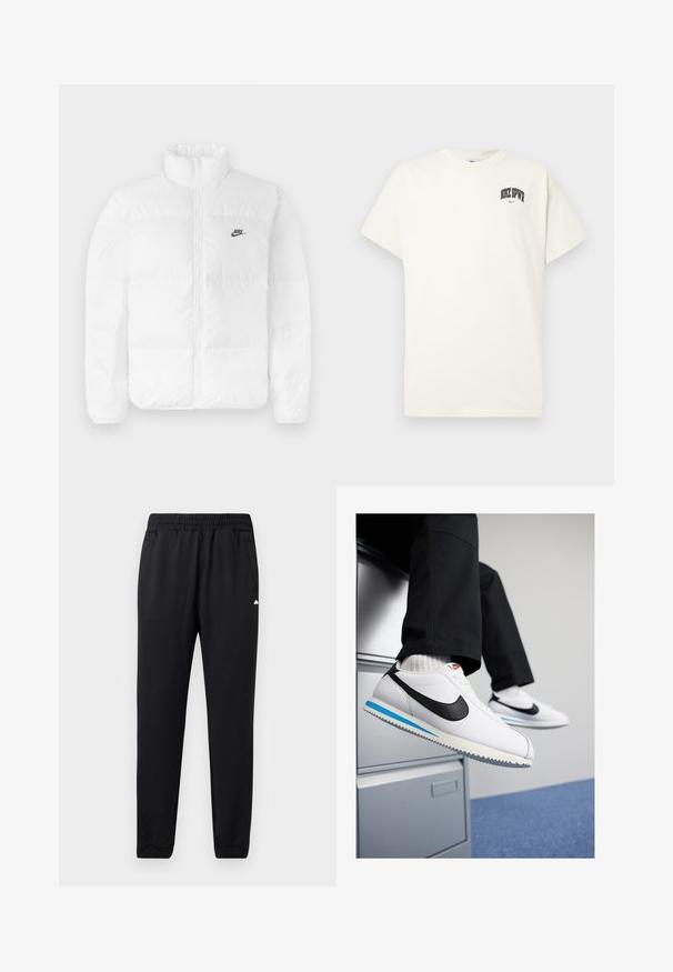 Balta pūkinė striukė su aukštu apykakle, užtrauktuku ir juodu Nike logo kairėje krūtinėje. Lygi tekstūra, kvadratų dizainas ir paminkštinta.; Kremo spalvos medvilninis marškinėlis trumpomis rankovėmis, su "NIKE SB" juodu ir raudonu tekstu ant krūtinės. Standartinė apvali iškirptė.; Juodi sportiniai džinsai, pagaminti iš minkštos medžiagos, su elastingu juosmeniu, dviem šoninėmis kišenėmis ir užlenktais kraštais, suteikiančiais prigludusį išvaizdą.; Baltos odinės sportbačiai su juodu Nike logotipu, šviesiai mėlyna ir pilka guma padais bei klasikiniu raištelių dizainu. Kojos remiasi į dokumentų spintą.