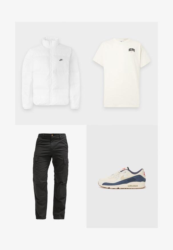 Casaco de puffer branco com colarinho alto, fecho zip e logotipo preto da Nike no lado esquerdo do peito. Textura suave, design acolchoado e forrado.; T-shirt de algodão na cor creme com mangas curtas, apresentando "NIKE SB" em texto preto e vermelho no peito. Gola redonda padrão.; Calças cargo pretas feitas de um tecido durável, com vários bolsos laterais, fecho de botão e pernas retas. Apresentam material texturizado.; Tênis com parte superior em couro creme e camurça azul-marinho, apresentando uma sola de ar visível, solado em borracha bege e um detalhe vermelho no calcanhar.